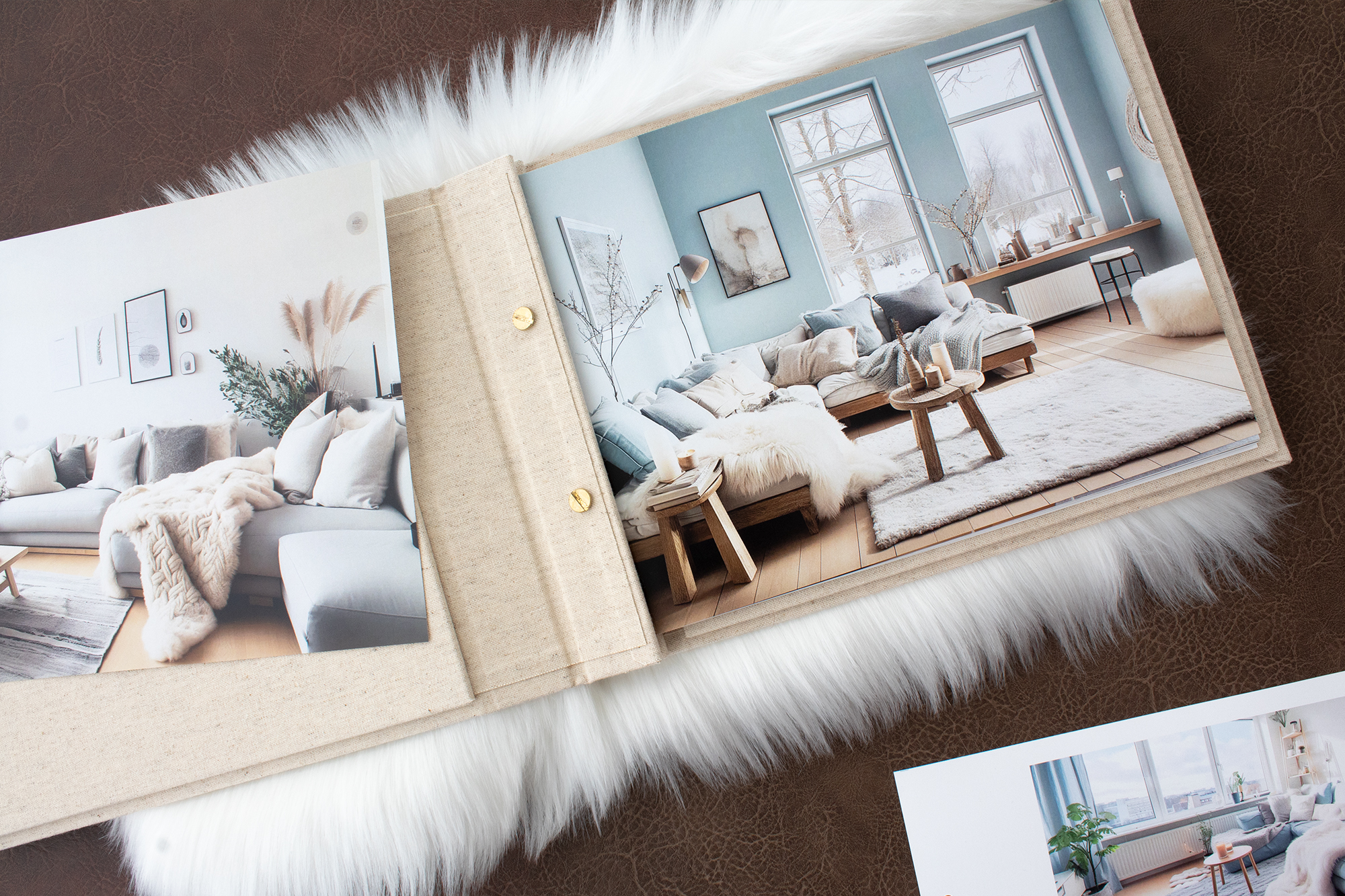 Architect portfolio binder in natural linen color with architectural CAD prints